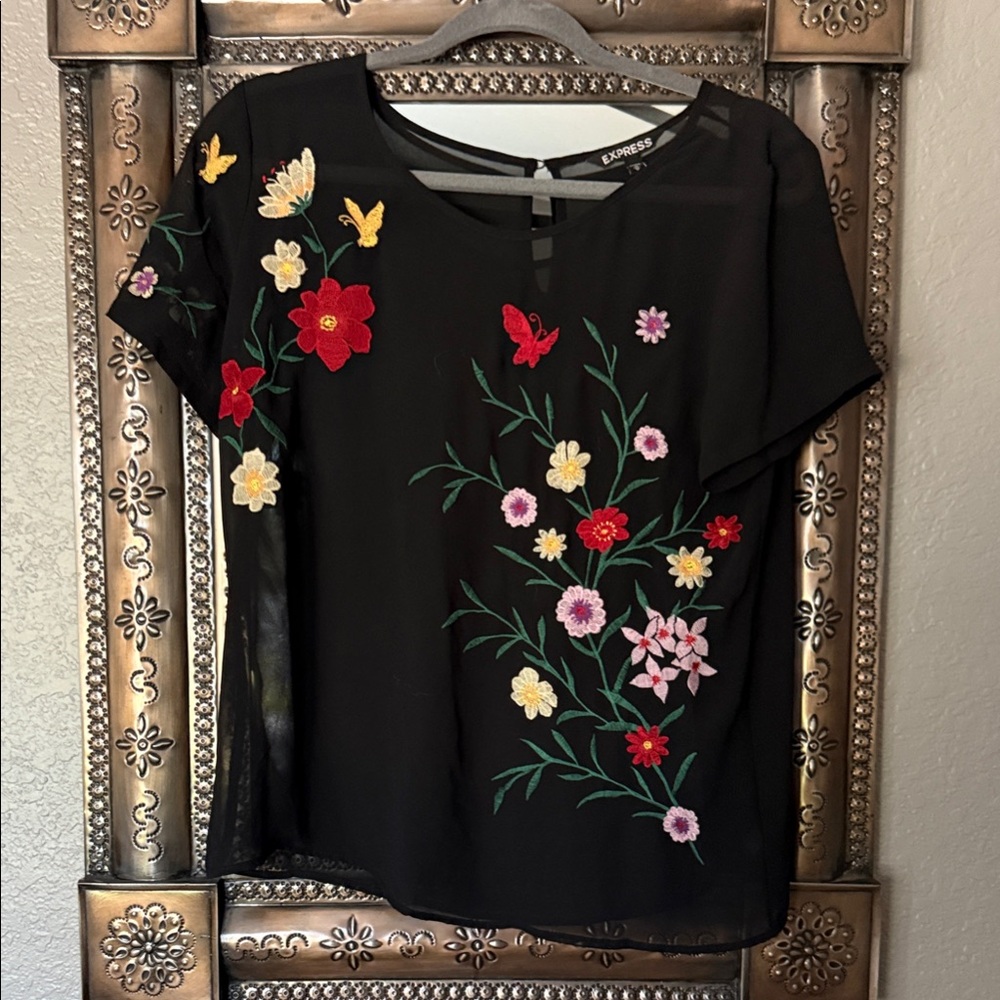Express Black Top with Colorful Floral Embroidery
